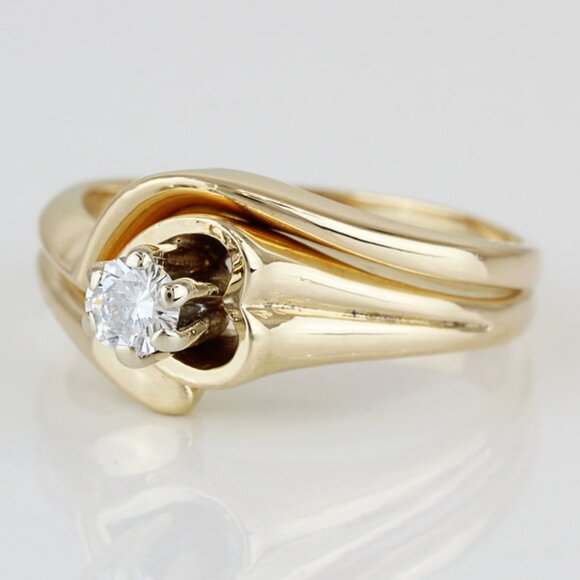 14k Yellow Gold Solitaire Diamond Heart Bridal Wedding Band Engagement Ring Set - Picture 2 of 9